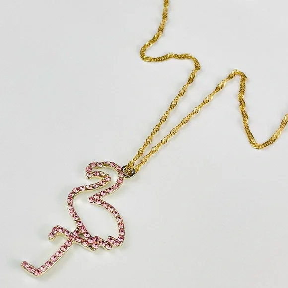 🔴🔴 NEW Pink Flamingo Rhinestone Necklace Chain Necklace Pink - Picture 10 of 13